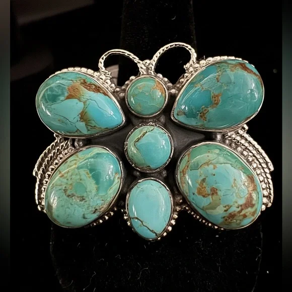 Genuine Turquoise and Sterling Silver Butterfly Ring - Picture 3 of 7